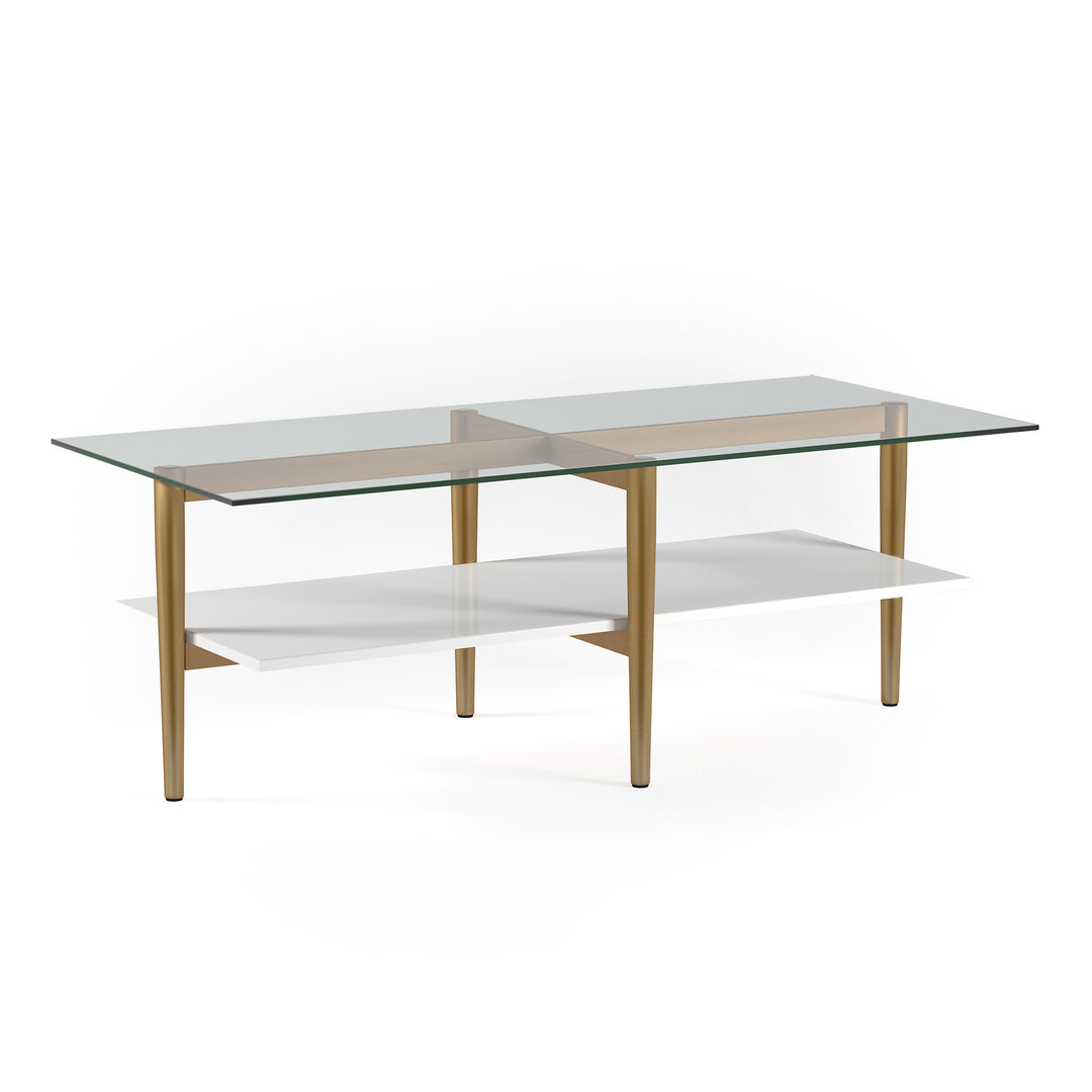 Modern 47" Gold Glass And Steel Coffee Table With Storage Shelf