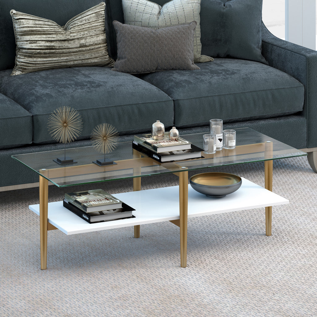 Modern 47" Gold Glass And Steel Coffee Table With Storage Shelf