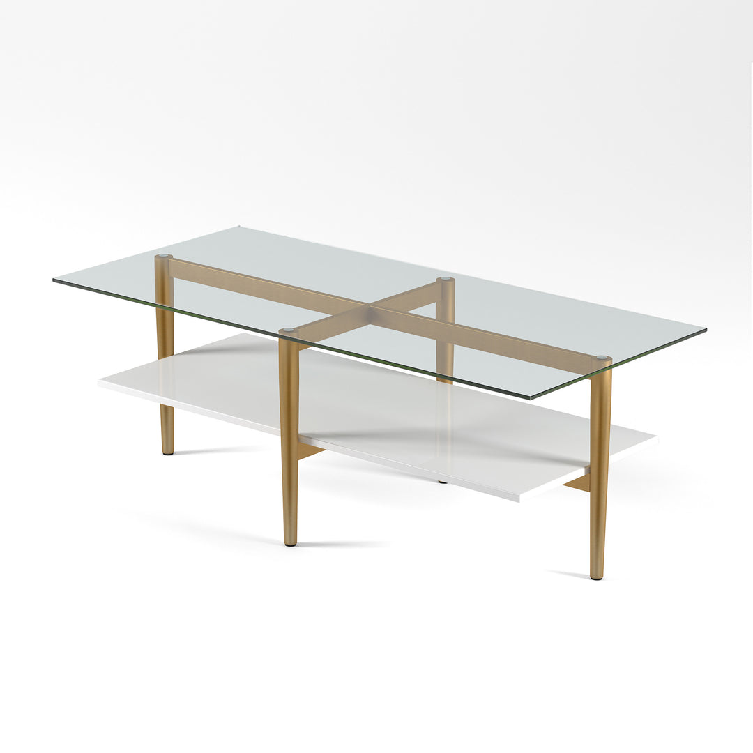 Modern 47" Gold Glass And Steel Coffee Table With Storage Shelf