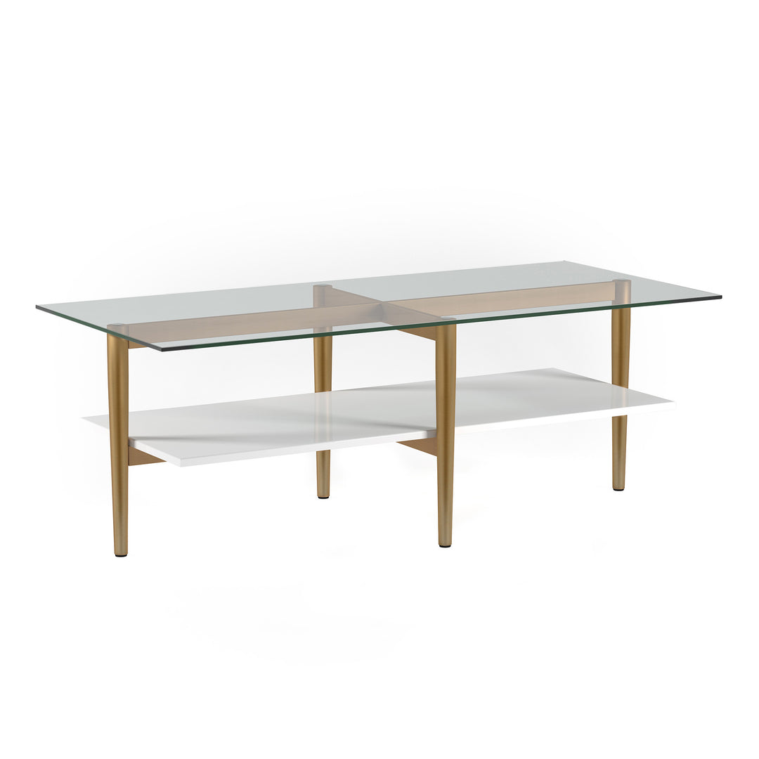 Modern 47" Gold Glass And Steel Coffee Table With Storage Shelf