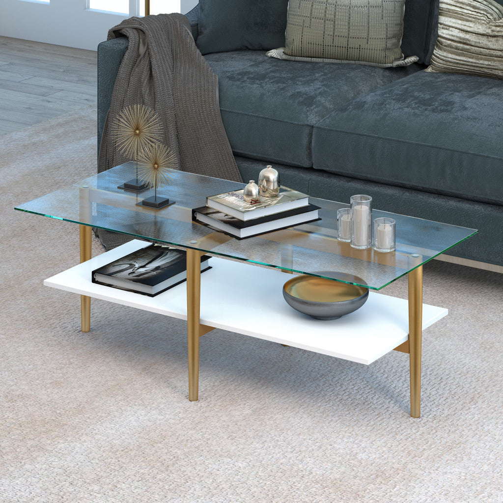 Modern 47" Gold Glass And Steel Coffee Table With Storage Shelf