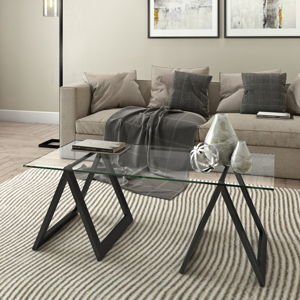 Modern 46-Inch Black Glass and Steel Coffee Table