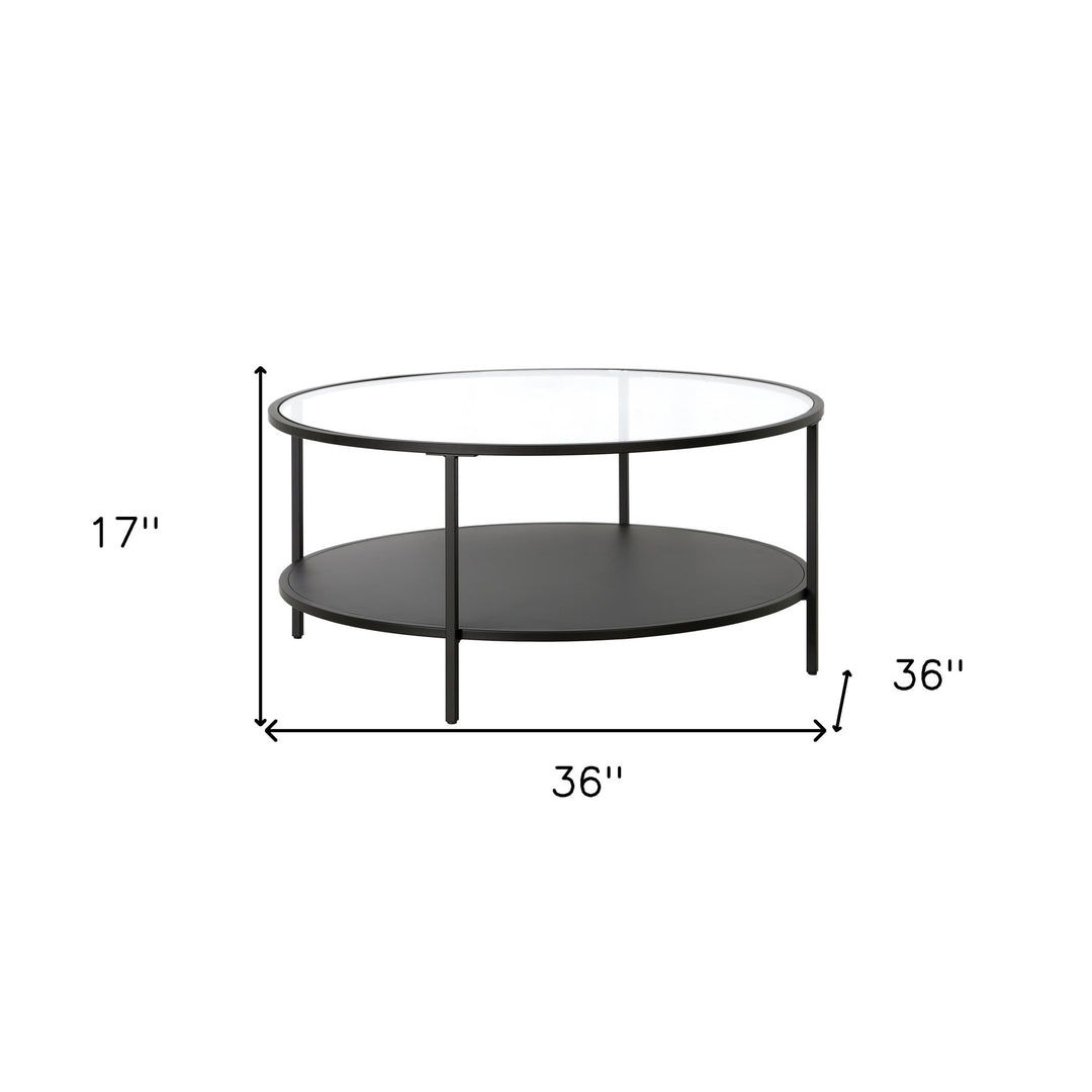 36" Black Glass And Steel Round Coffee Table With Shelf