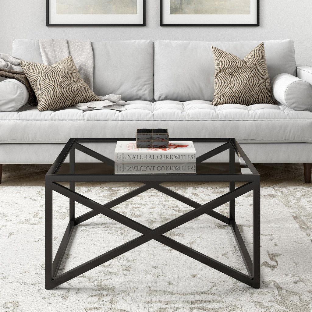 32-Inch Black Glass and Steel Square Coffee Table