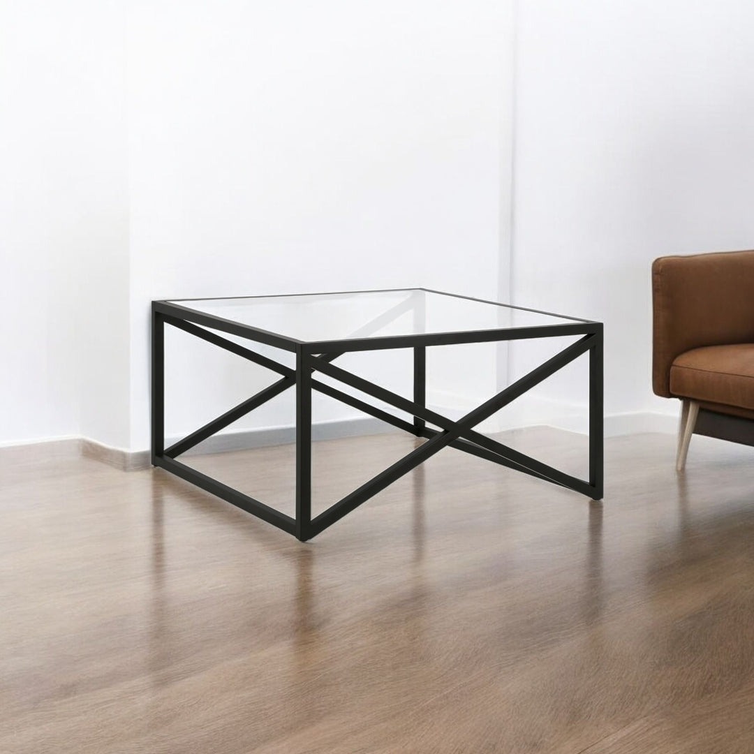 32-Inch Black Glass and Steel Square Coffee Table