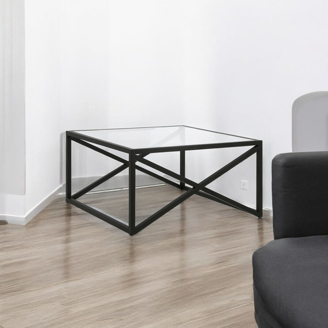 32-Inch Black Glass and Steel Square Coffee Table