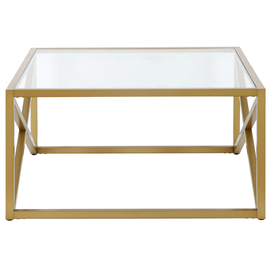 32" Gold Glass And Steel Square Coffee Table