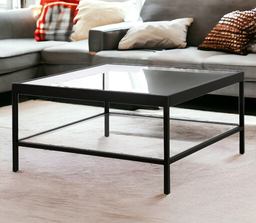 32" Clear and Black Glass Square Coffee Table with Shelf