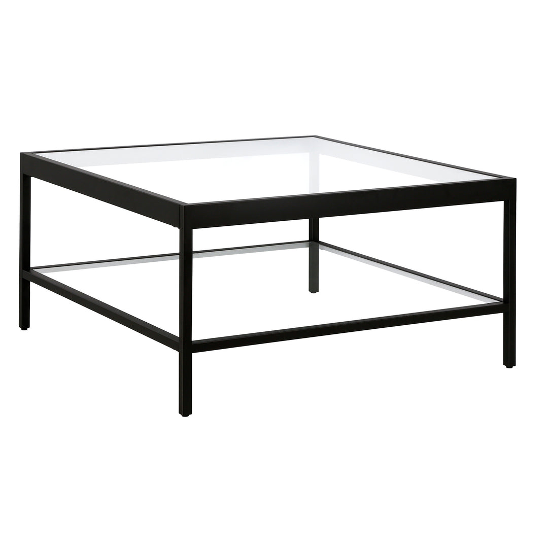 32" Clear and Black Glass Square Coffee Table with Shelf