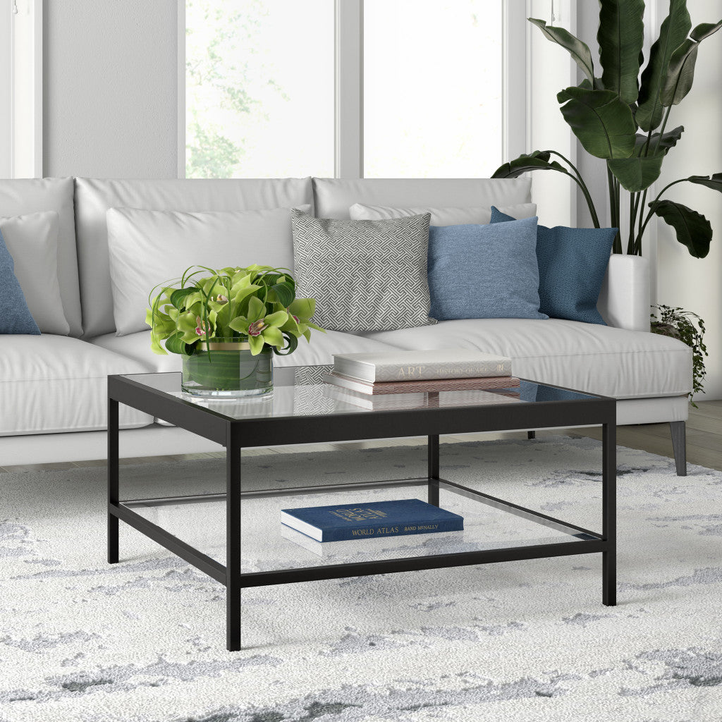 32" Clear and Black Glass Square Coffee Table with Shelf