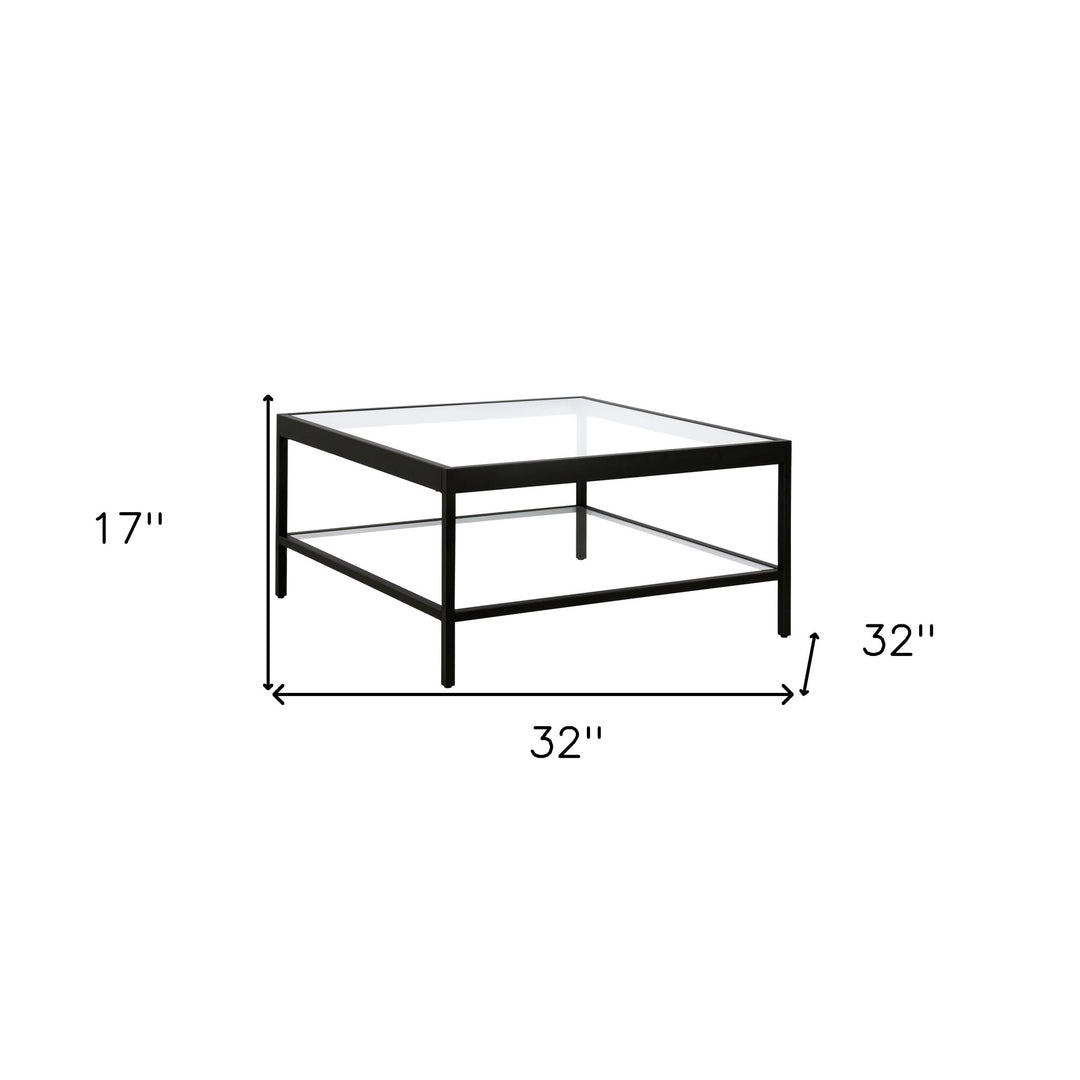 32" Clear and Black Glass Square Coffee Table with Shelf