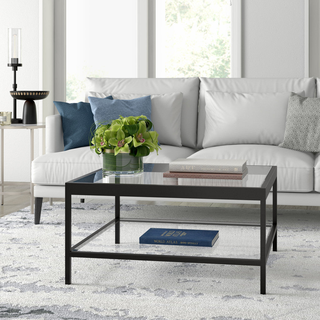 32" Clear and Black Glass Square Coffee Table with Shelf