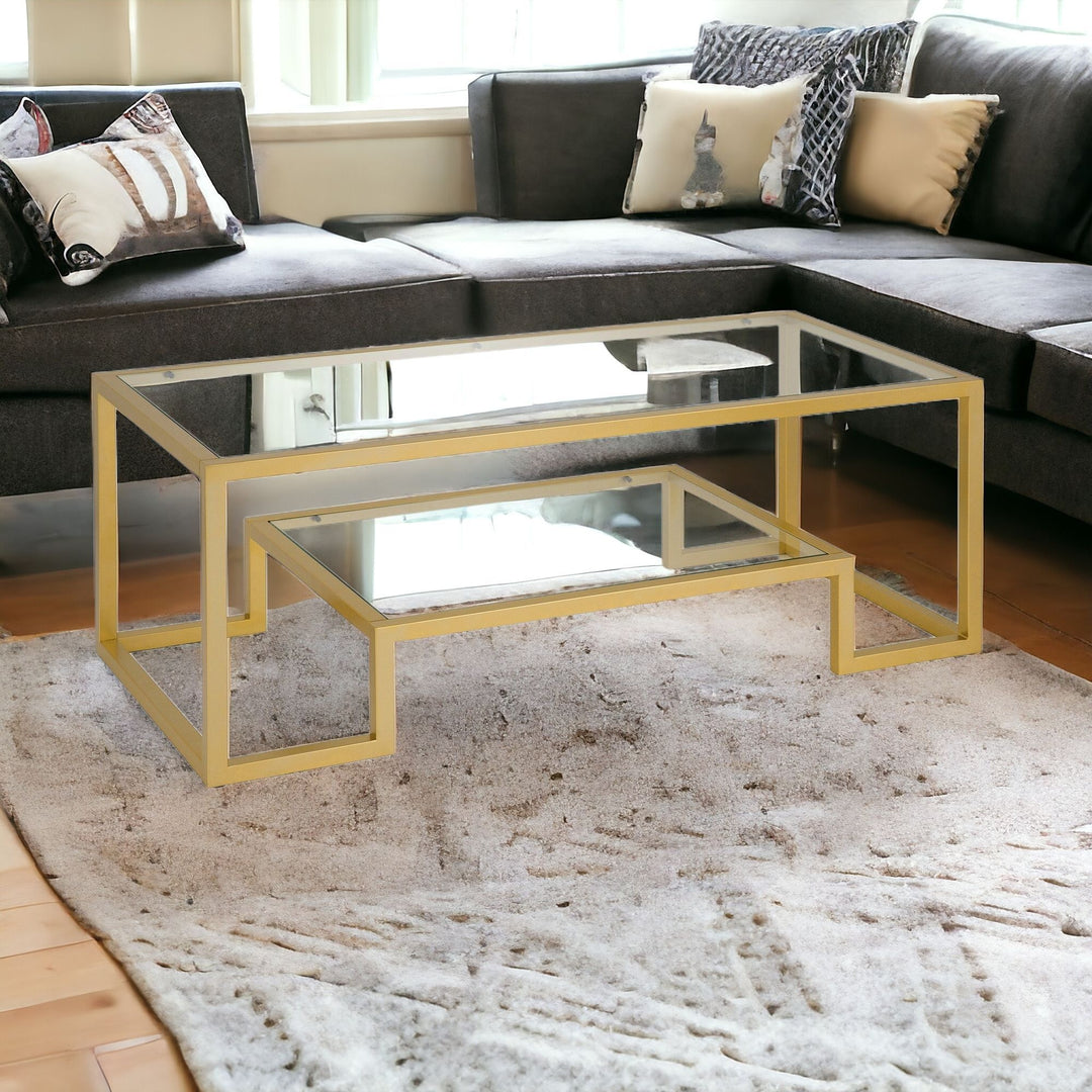 45-Inch Clear and Gold Glass Coffee Table with Shelf