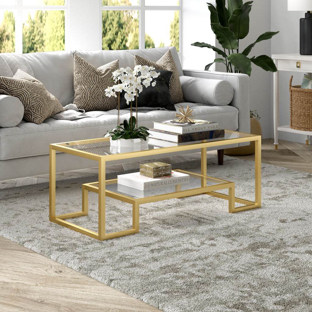 45-Inch Clear and Gold Glass Coffee Table with Shelf