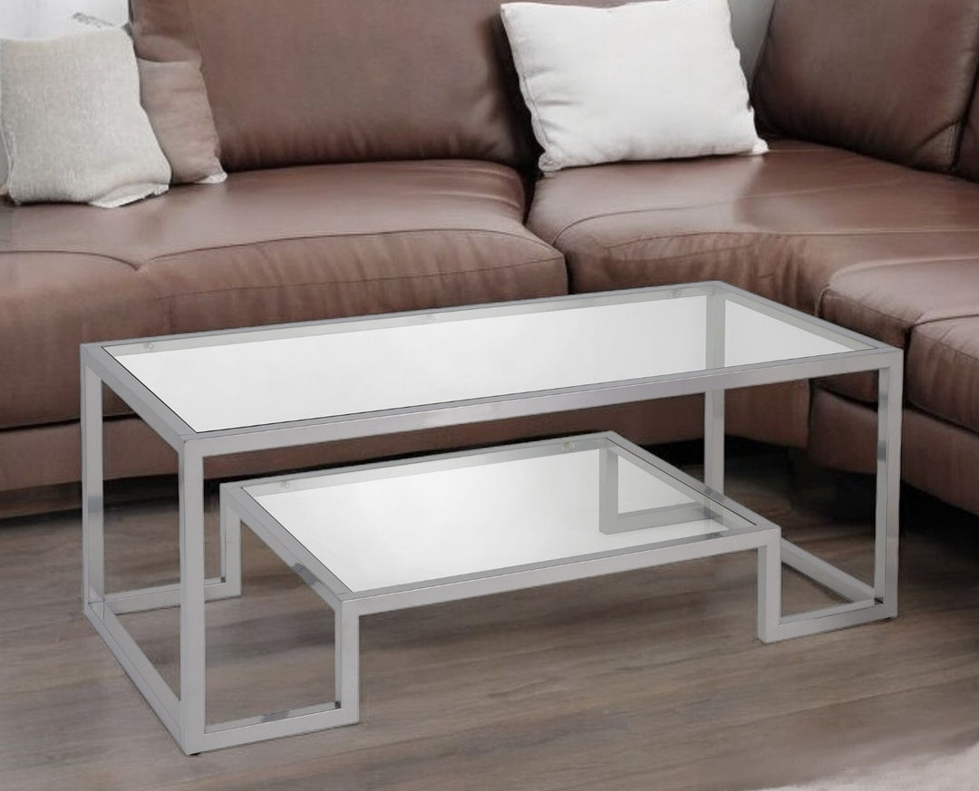 45-Inch Silver Glass and Steel Coffee Table with Shelf