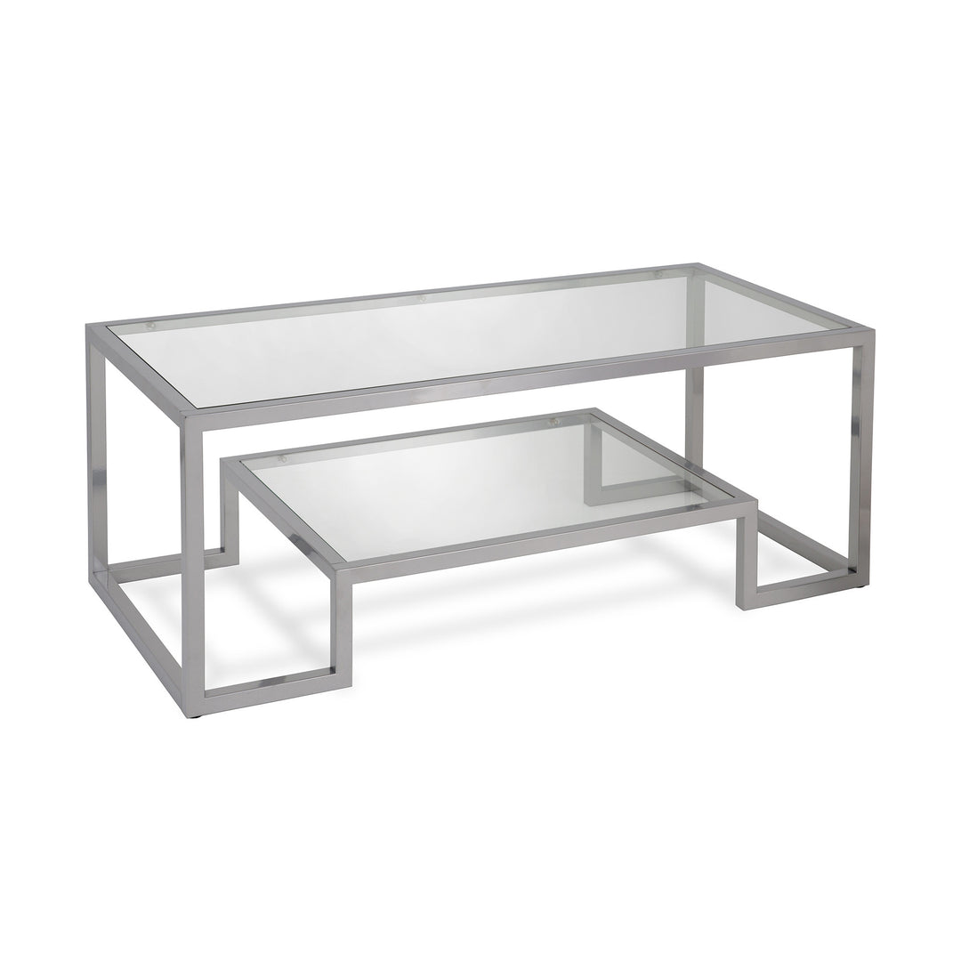 45-Inch Silver Glass and Steel Coffee Table with Shelf