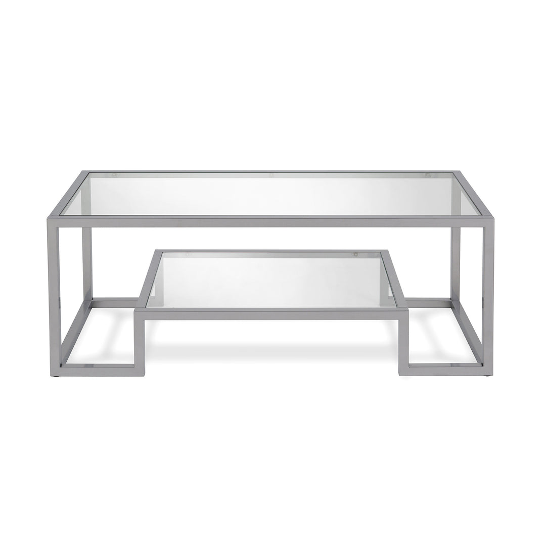 45-Inch Silver Glass and Steel Coffee Table with Shelf