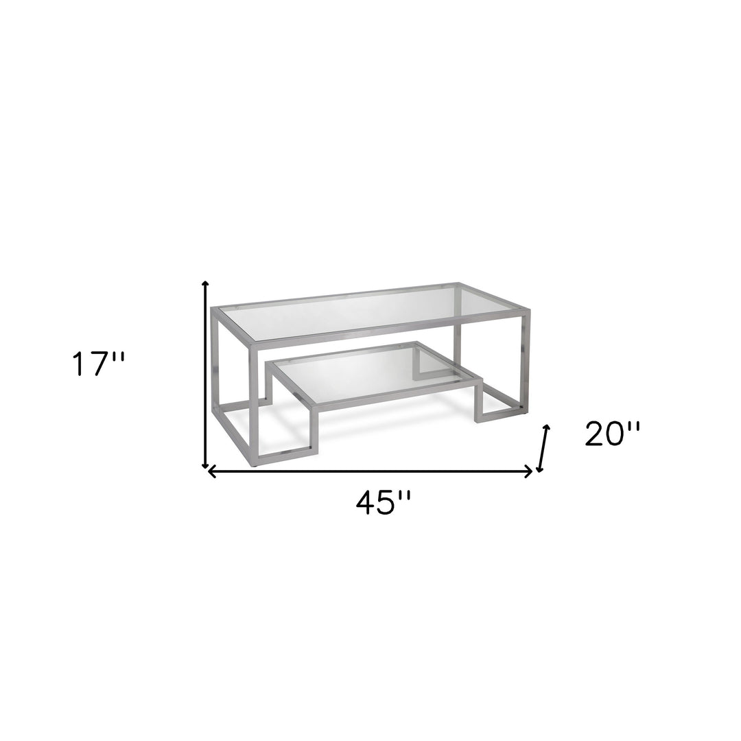 45-Inch Silver Glass and Steel Coffee Table with Shelf