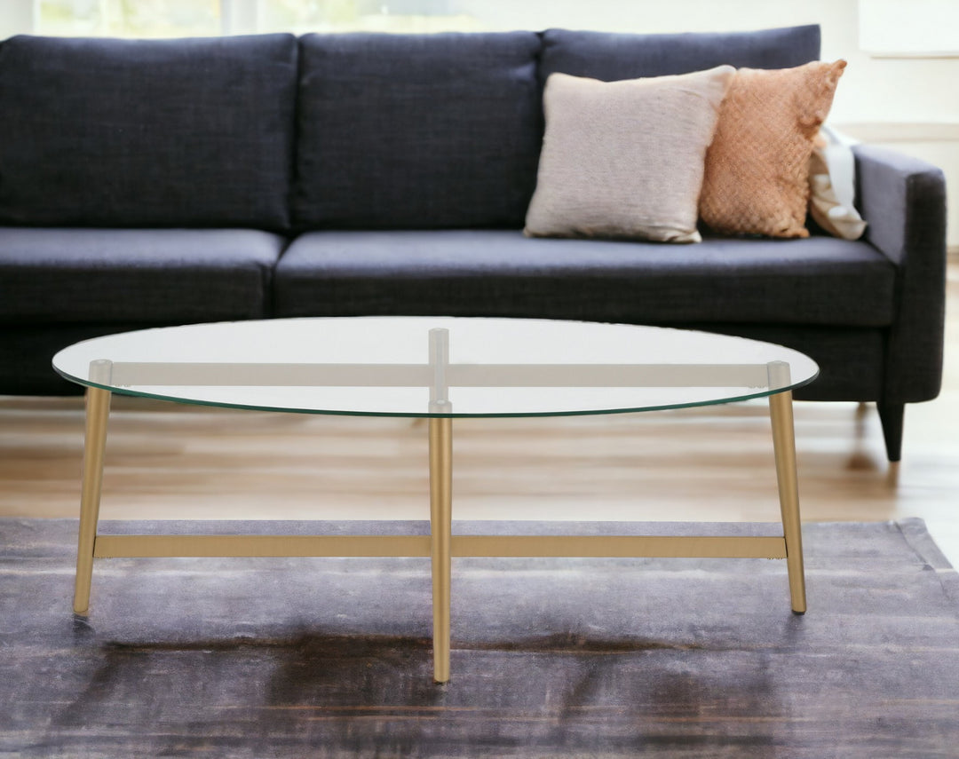 50-Inch Clear Glass and Gold Steel Oval Coffee Table