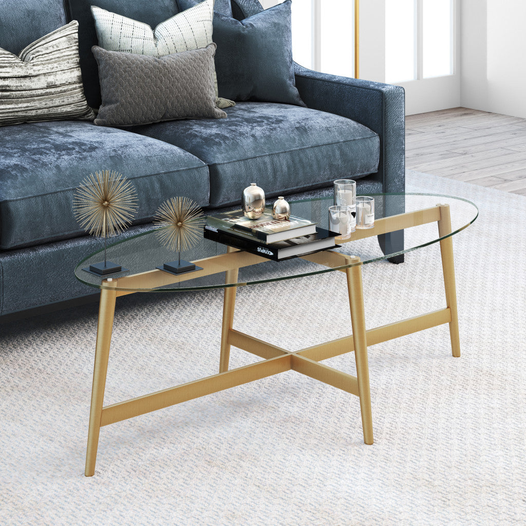 50-Inch Clear Glass and Gold Steel Oval Coffee Table