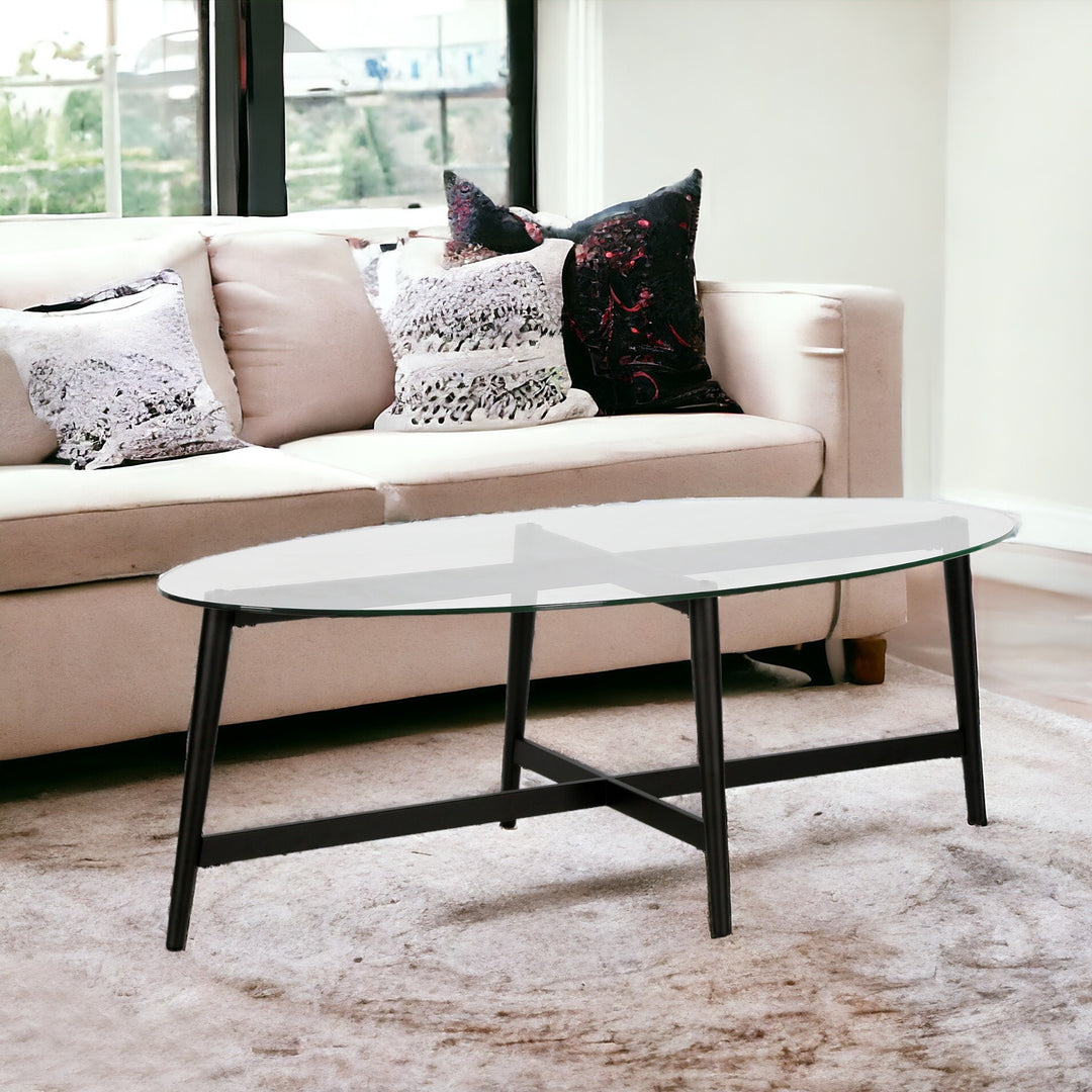 50" Clear Glass and Black Steel Oval Coffee Table – Timeless Elegance with a Modern Twist