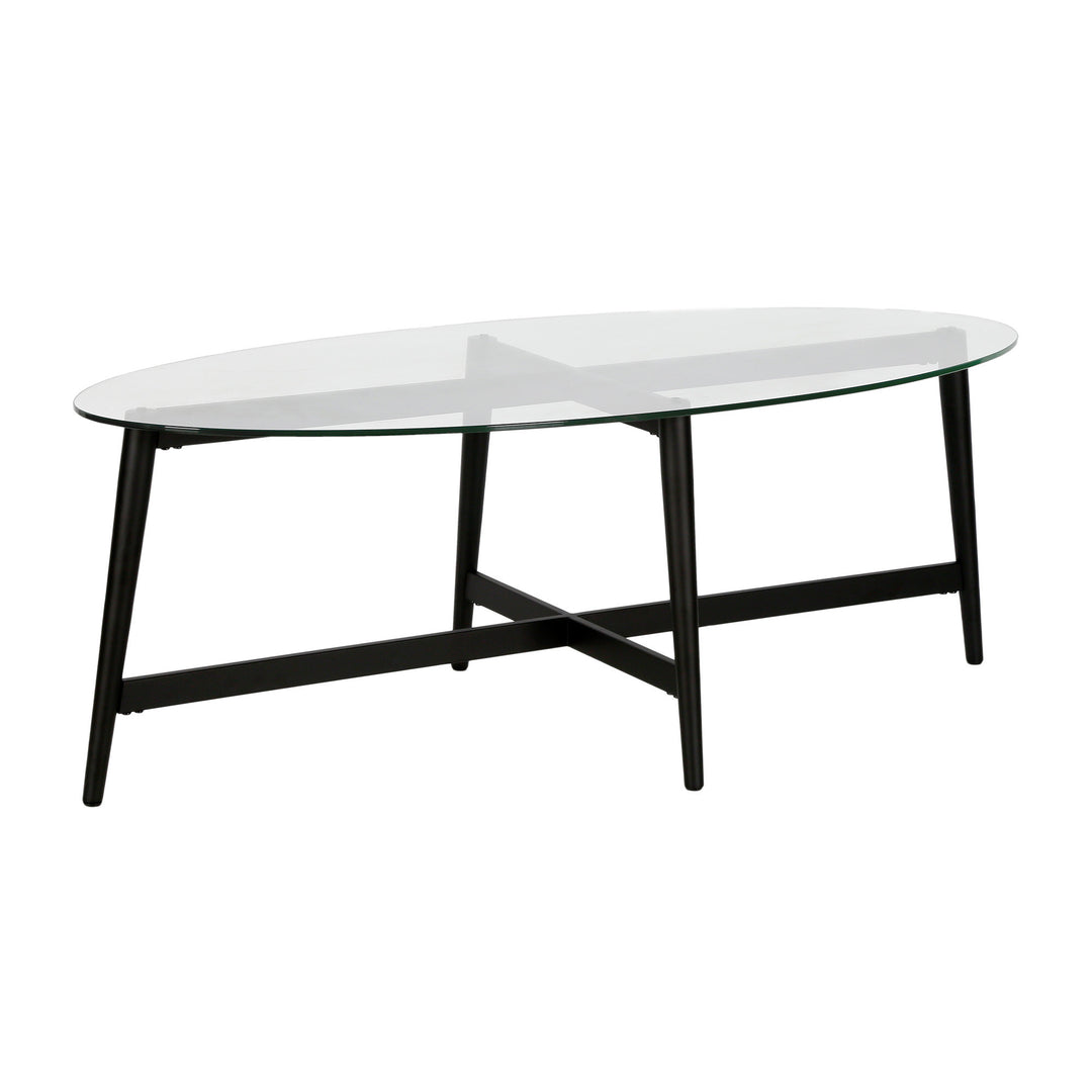 50" Clear Glass and Black Steel Oval Coffee Table – Timeless Elegance with a Modern Twist