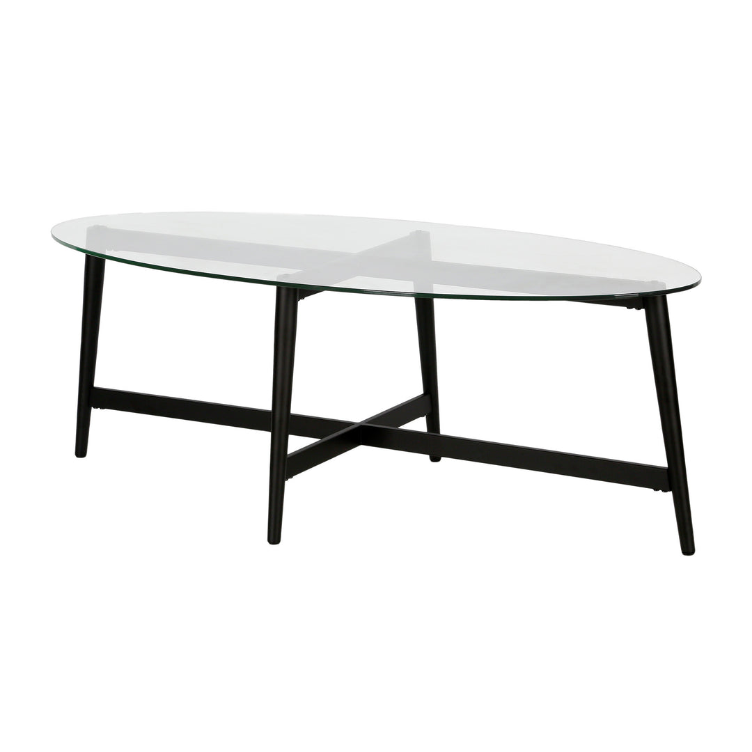 50" Clear Glass and Black Steel Oval Coffee Table – Timeless Elegance with a Modern Twist