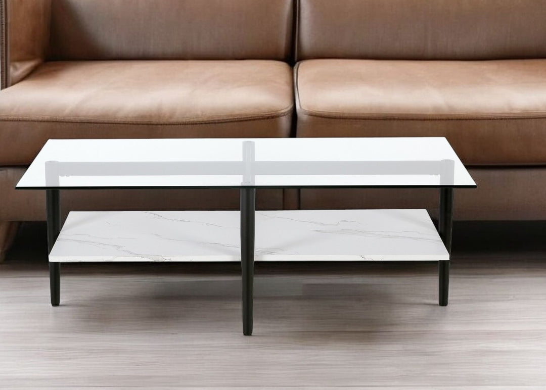 47-Inch Sleek Black Glass Coffee Table with Steel Base and Storage Shelf