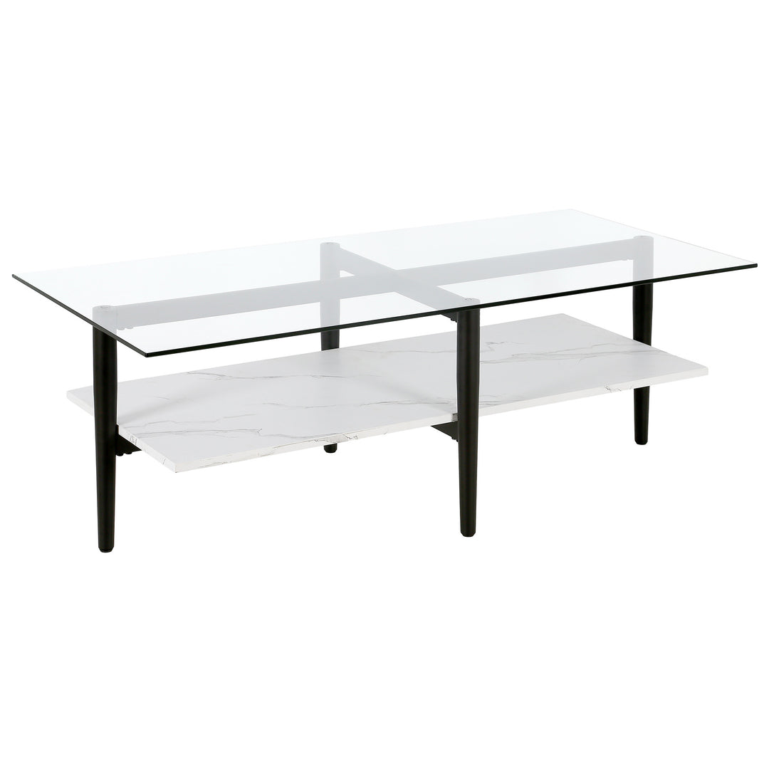 47-Inch Sleek Black Glass Coffee Table with Steel Base and Storage Shelf