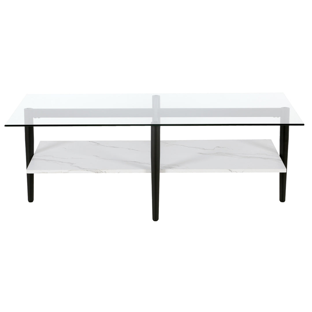 47-Inch Sleek Black Glass Coffee Table with Steel Base and Storage Shelf