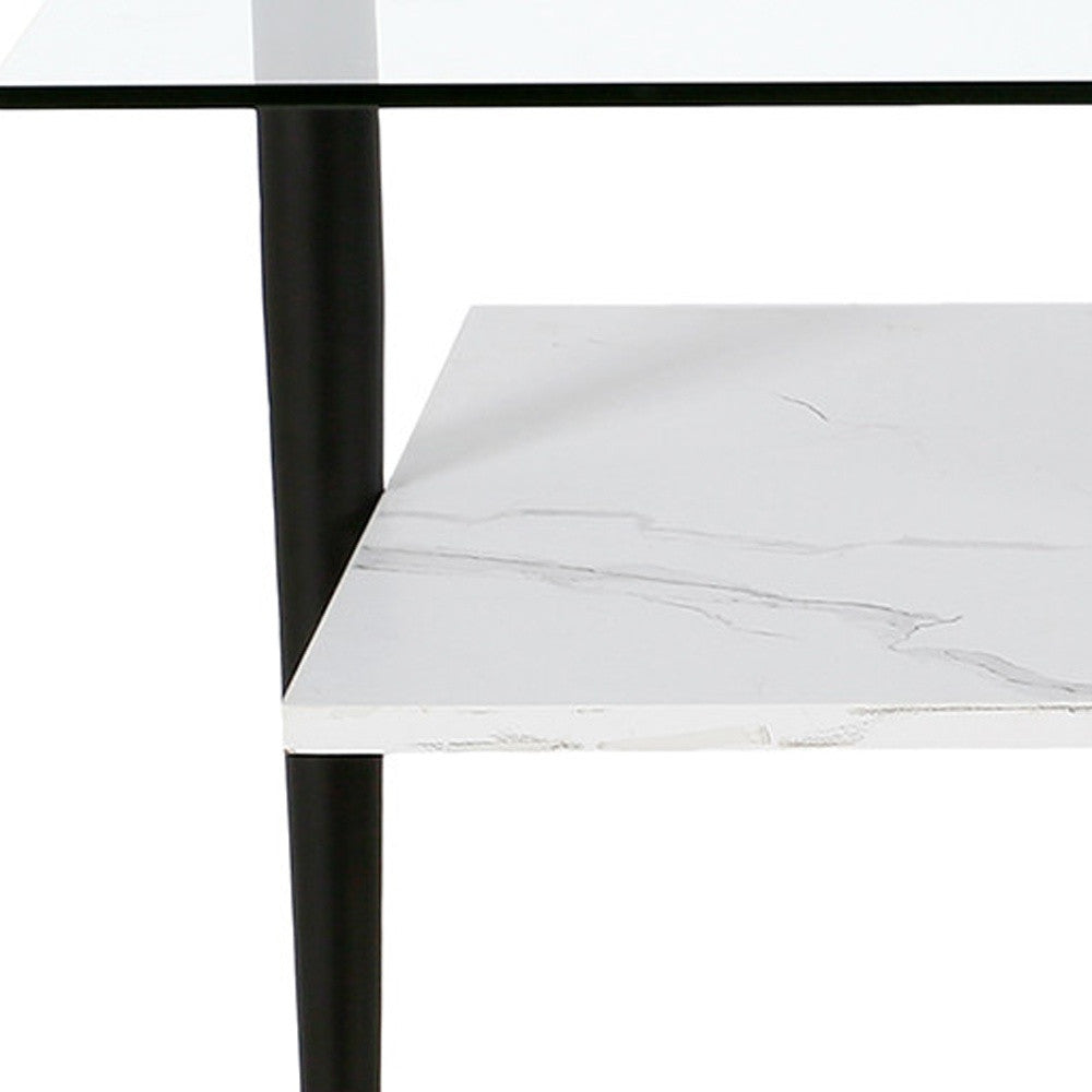 47-Inch Sleek Black Glass Coffee Table with Steel Base and Storage Shelf