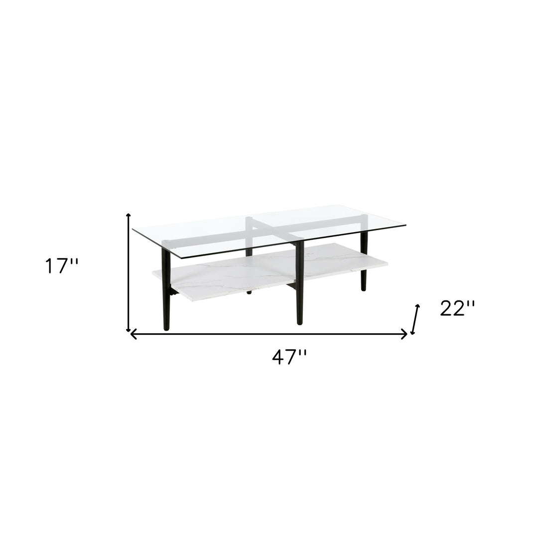 47-Inch Sleek Black Glass Coffee Table with Steel Base and Storage Shelf