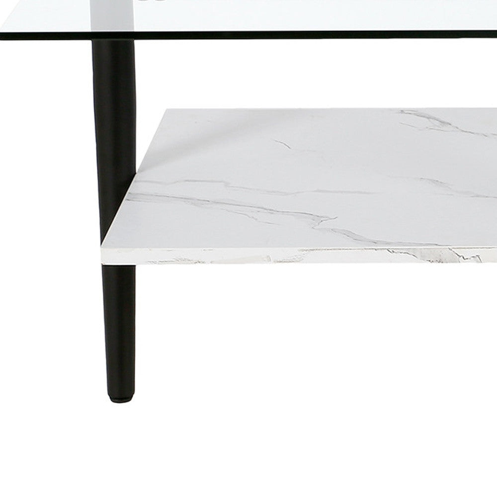 47-Inch Sleek Black Glass Coffee Table with Steel Base and Storage Shelf