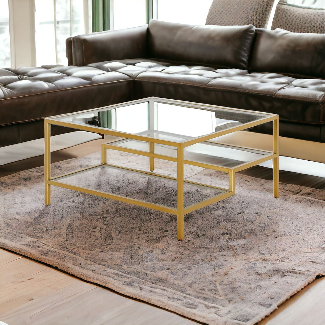 32" Gold Glass and Steel Square Coffee Table with Double Shelves