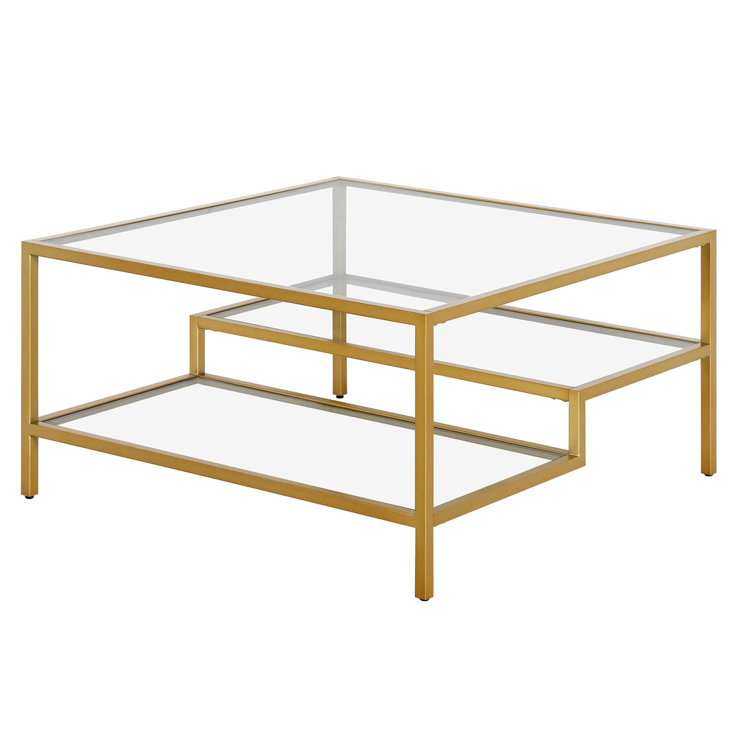 32" Gold Glass and Steel Square Coffee Table with Double Shelves