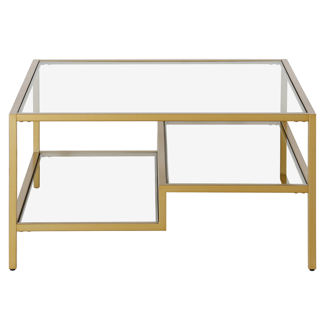 32" Gold Glass and Steel Square Coffee Table with Double Shelves