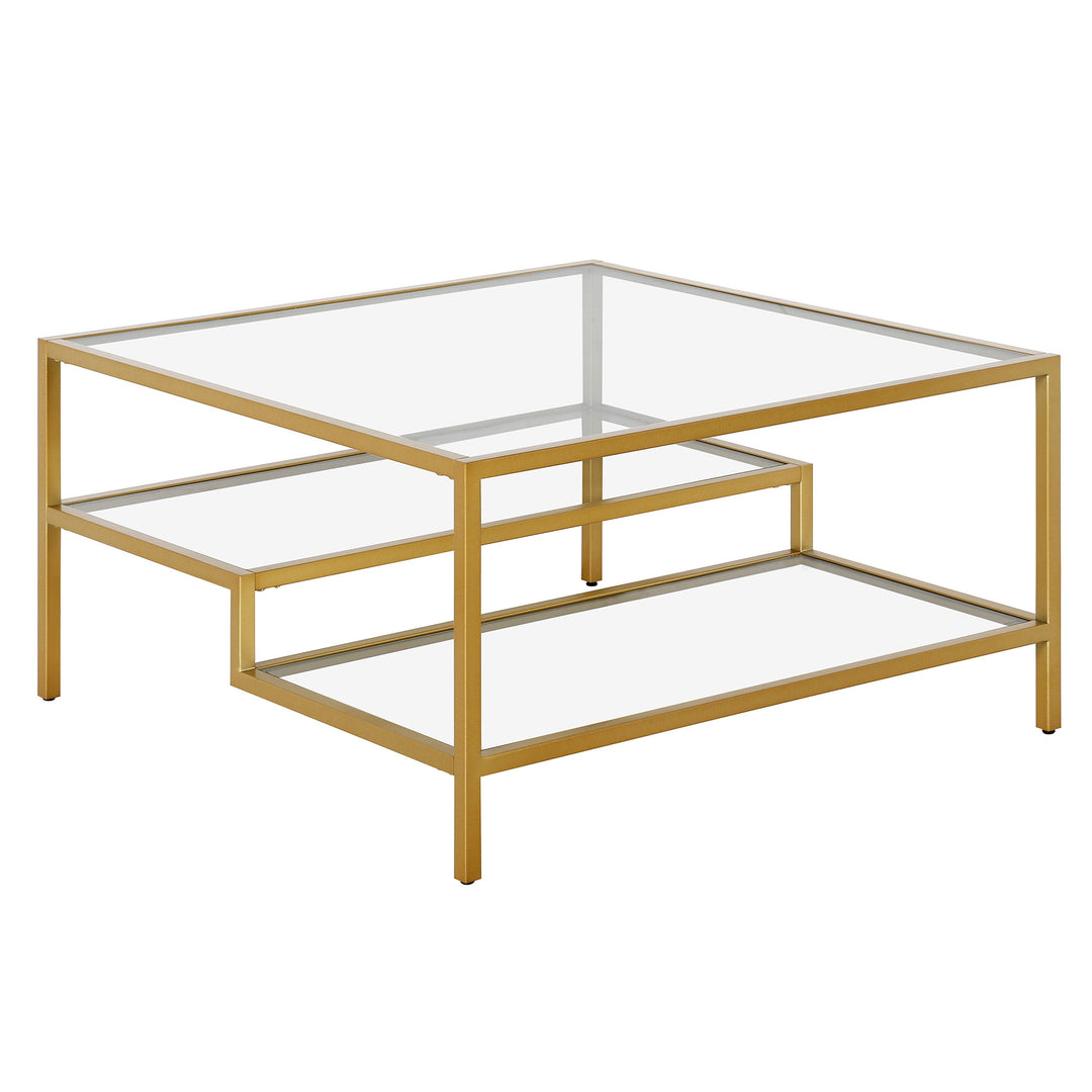 32" Gold Glass and Steel Square Coffee Table with Double Shelves