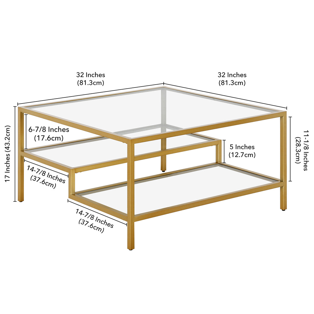 32" Gold Glass and Steel Square Coffee Table with Double Shelves