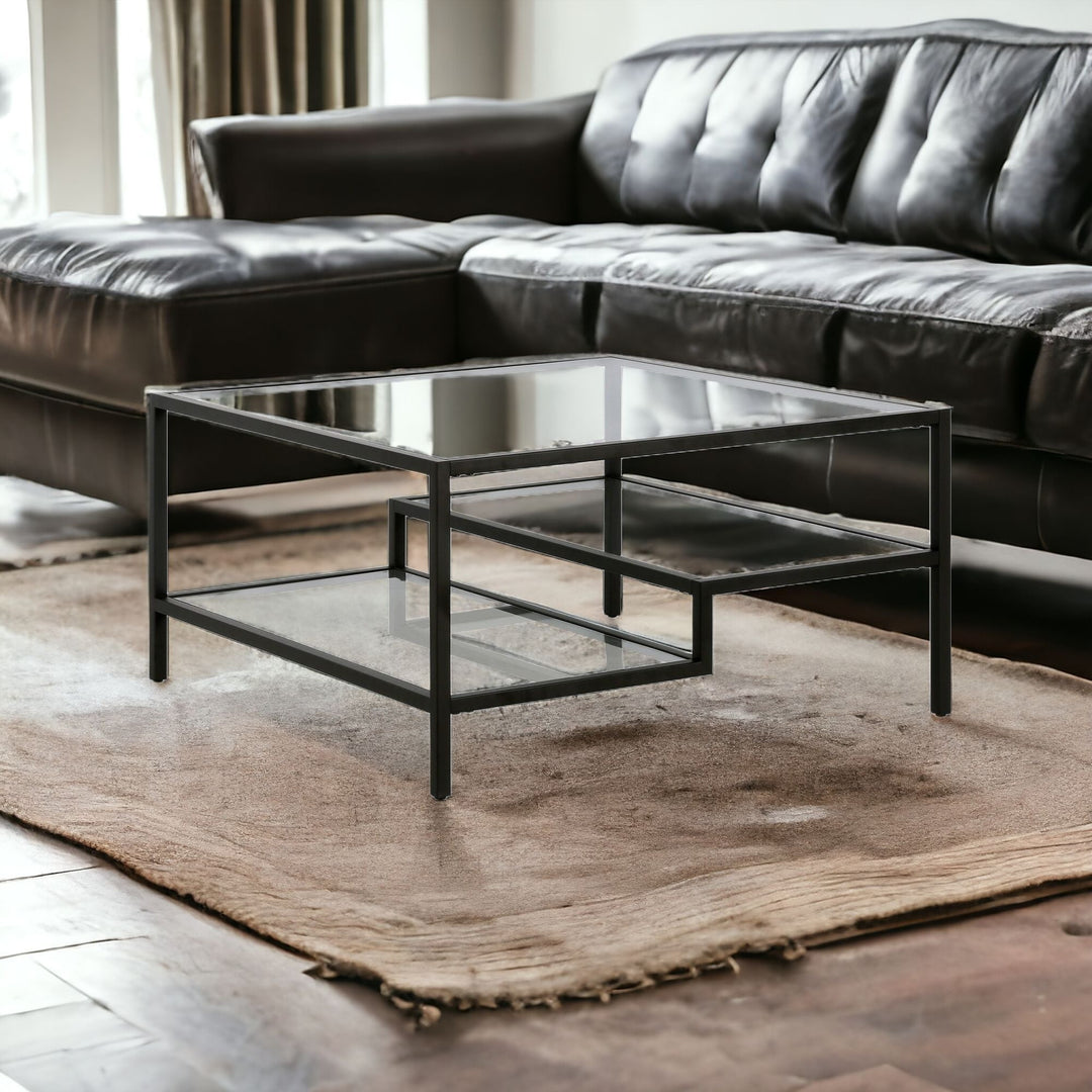 32" Modern Black Glass and Steel Square Coffee Table with Dual Shelves