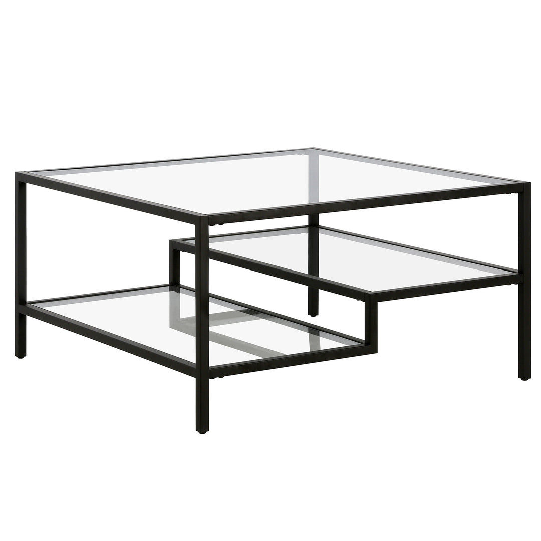 32" Modern Black Glass and Steel Square Coffee Table with Dual Shelves