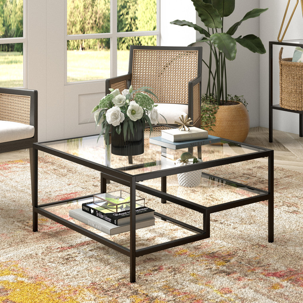 32" Modern Black Glass and Steel Square Coffee Table with Dual Shelves