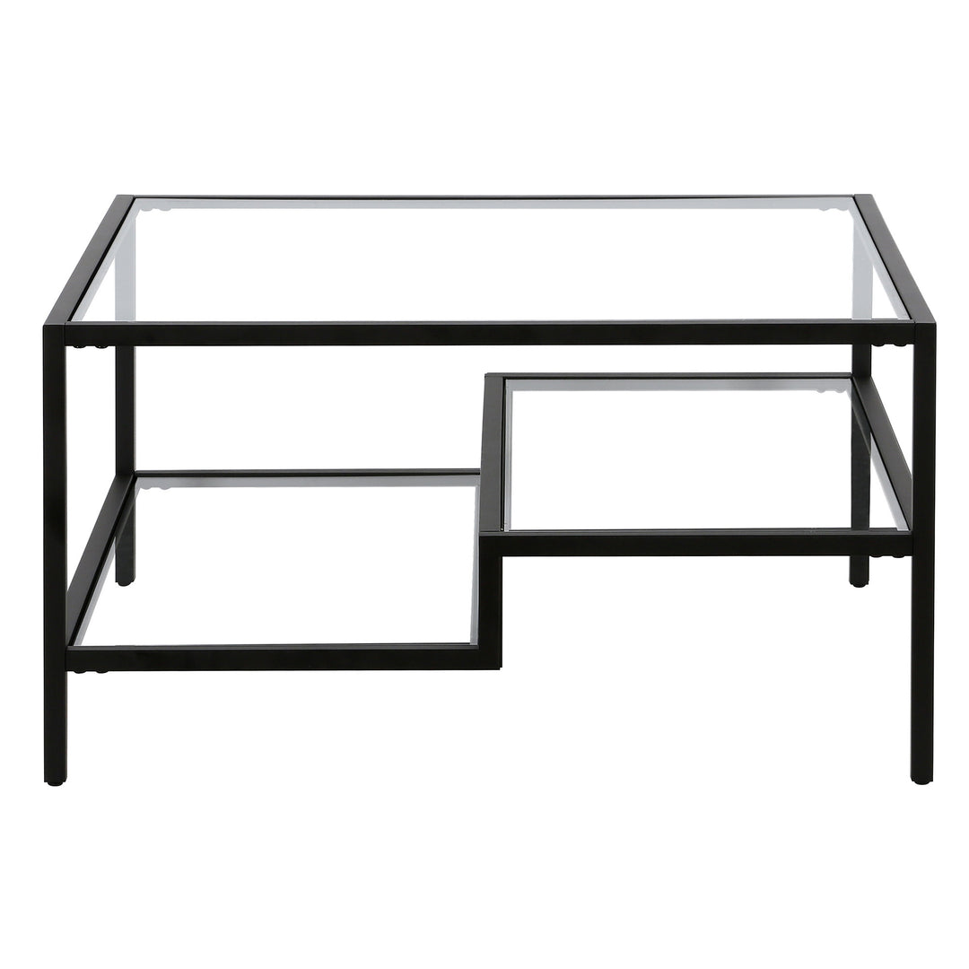 32" Modern Black Glass and Steel Square Coffee Table with Dual Shelves