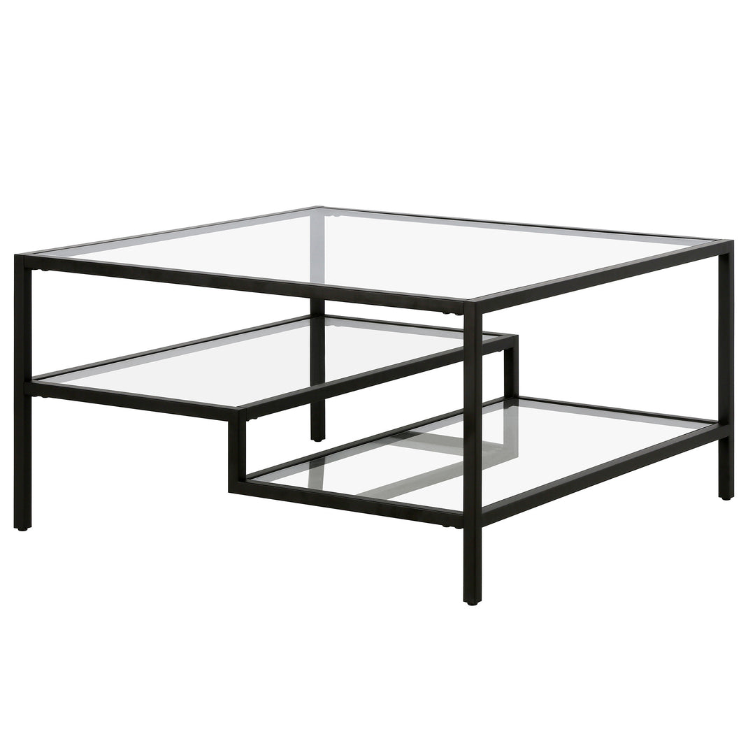 32" Modern Black Glass and Steel Square Coffee Table with Dual Shelves