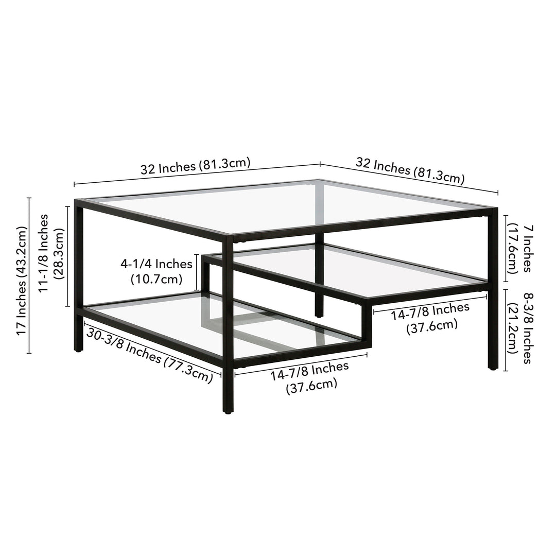 32" Modern Black Glass and Steel Square Coffee Table with Dual Shelves