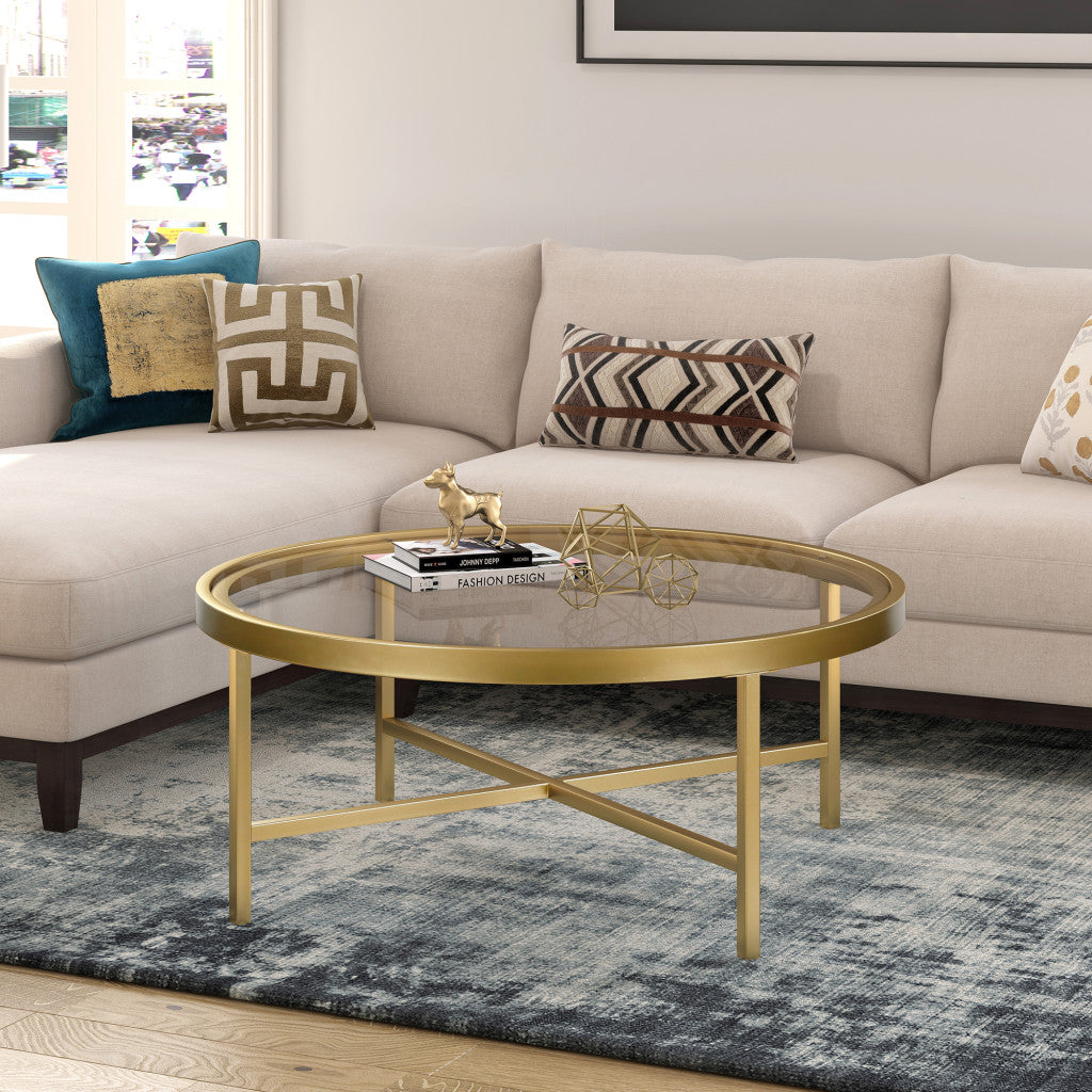 36-Inch Gold Glass and Steel Round Coffee Table