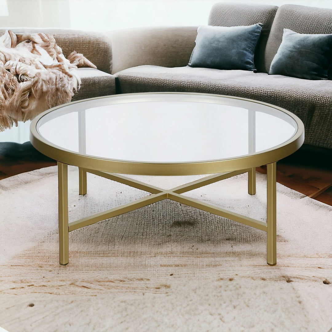 36-Inch Gold Glass and Steel Round Coffee Table