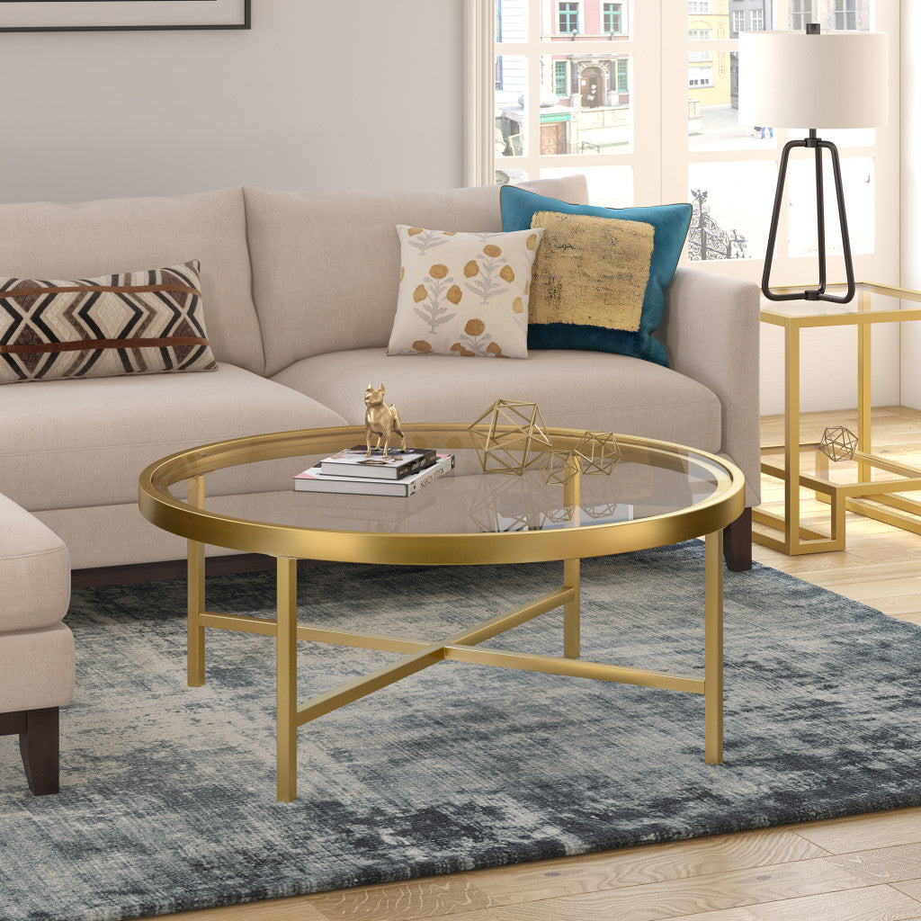 36-Inch Gold Glass and Steel Round Coffee Table