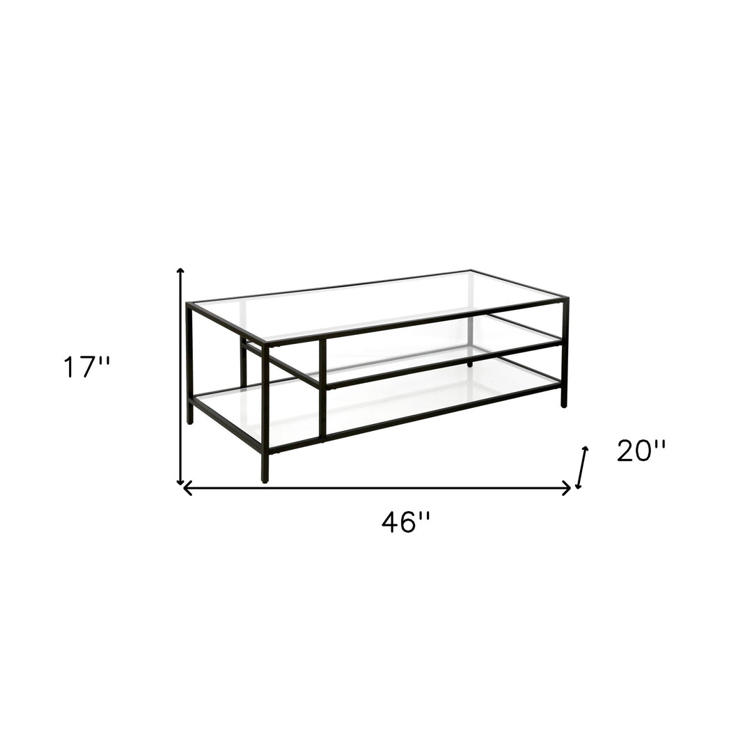 46-Inch Black Glass and Steel Coffee Table with Two Shelves