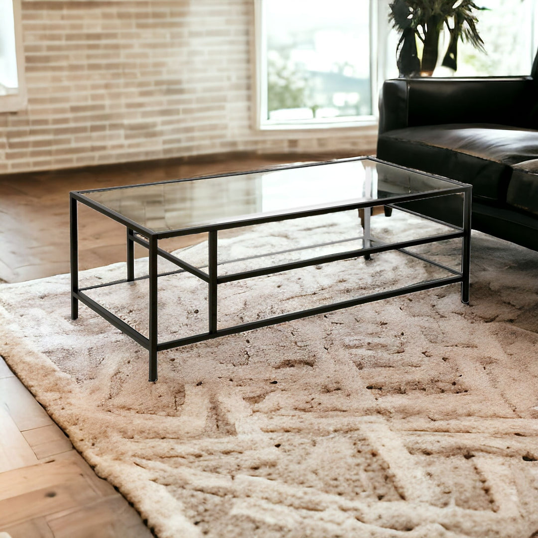 46-Inch Black Glass and Steel Coffee Table with Two Shelves