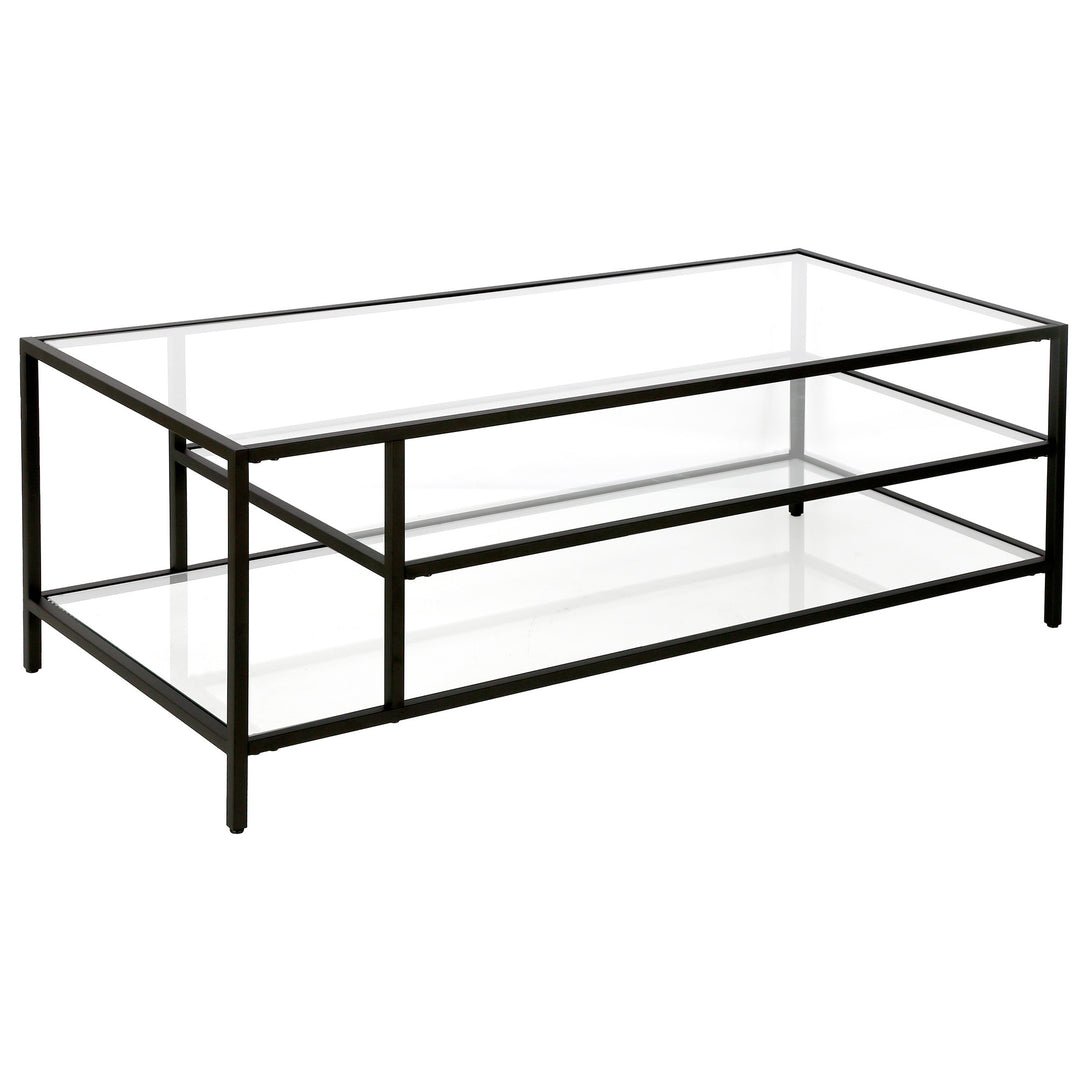 46-Inch Black Glass and Steel Coffee Table with Two Shelves